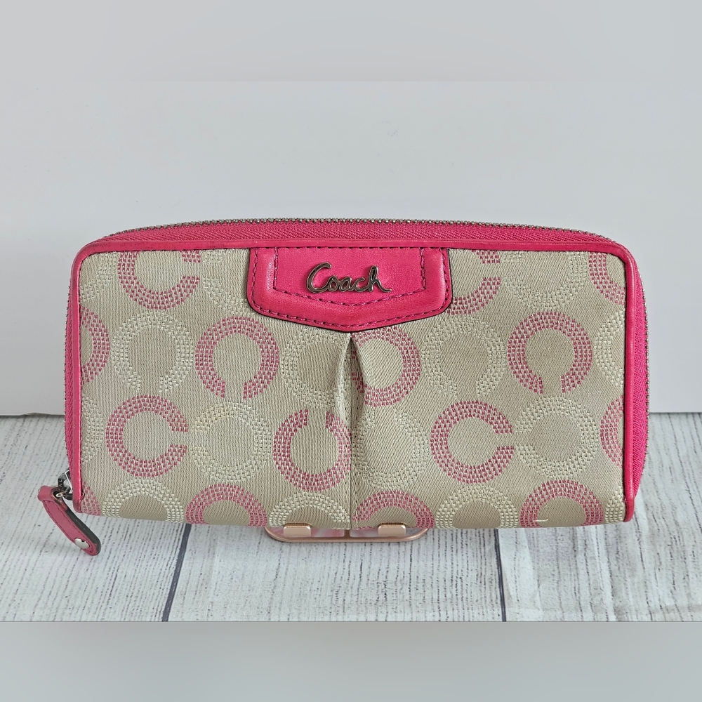 Coach Beige and Pink Signature Zip Wallet